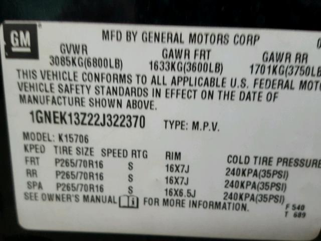 1GNEK13Z22J322370 - 2002 CHEVROLET TAHOE K150 BLACK photo 10