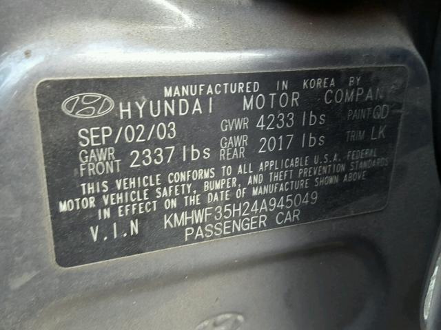 KMHWF35H24A945049 - 2004 HYUNDAI SONATA GLS GRAY photo 10