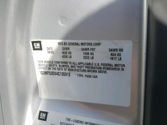 1G2NF52EX4C135912 - 2004 PONTIAC GRAND AM S SILVER photo 10