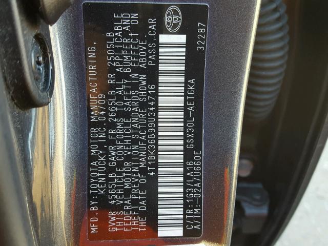 4T1BK36B99U344716 - 2009 TOYOTA AVALON XL GRAY photo 10