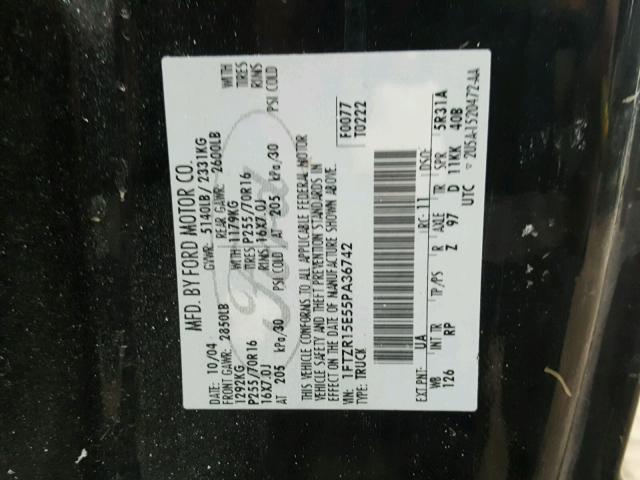 1FTZR15E55PA36742 - 2005 FORD RANGER SUP BLACK photo 10