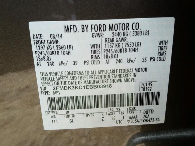 2FMDK3KC1EBB03918 - 2014 FORD EDGE LIMIT BROWN photo 10