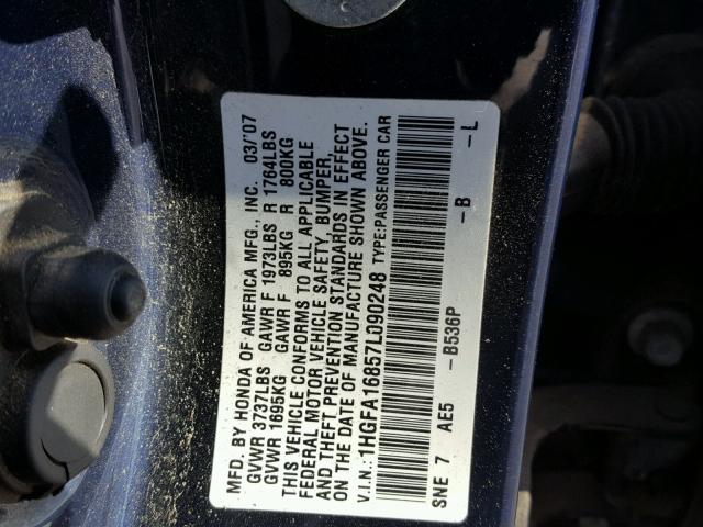 1HGFA16857L090248 - 2007 HONDA CIVIC EX ლურჯი ფოტო 10