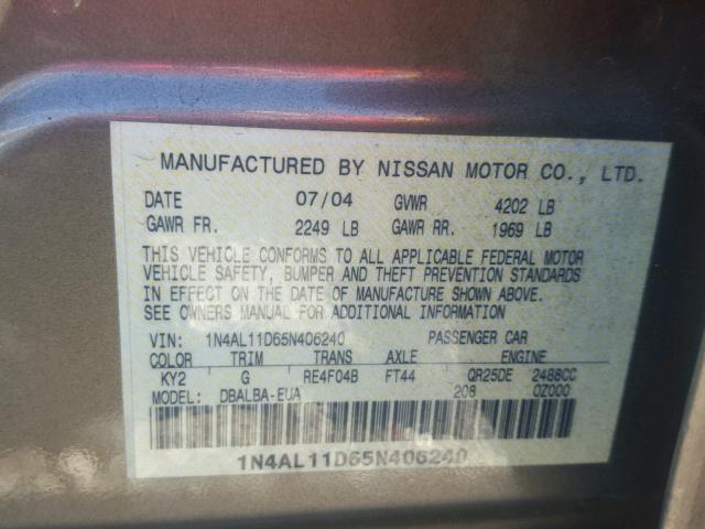 1N4AL11D65N406240 - 2005 NISSAN ALTIMA S BEIGE photo 10