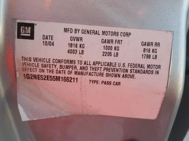 1G2NE52E55M166211 - 2005 PONTIAC GRAND AM S SILVER photo 10