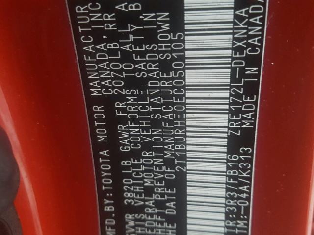 2T1BURHE0EC050105 - 2014 TOYOTA COROLLA L BURGUNDY photo 10