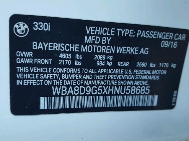 WBA8D9G5XHNU58685 - 2017 BMW 330 XI 白色 照片 10