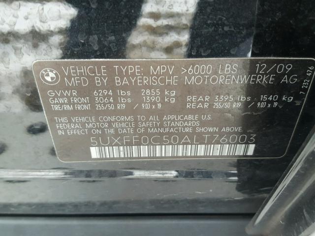 5UXFF0C50ALT76003 - 2010 BMW X5 XDRIVE3 შავი ფოტო 10