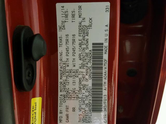 5TFLU4EN5FX120521 - 2015 TOYOTA TACOMA DOU RED photo 10