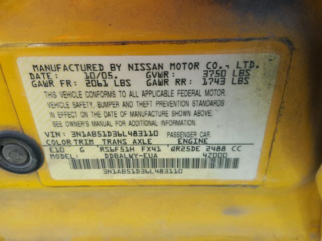 3N1AB51D36L483110 - 2006 NISSAN SENTRA SE- YELLOW photo 10