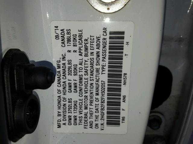 2HGFB2F82FH502057 - 2015 HONDA CIVIC EX თეთრი ფოტო 10