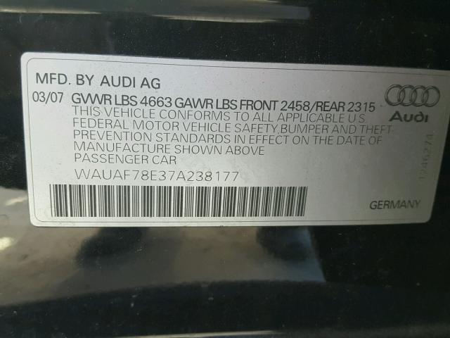 WAUAF78E37A238177 - 2007 AUDI A4 2 BLACK photo 10