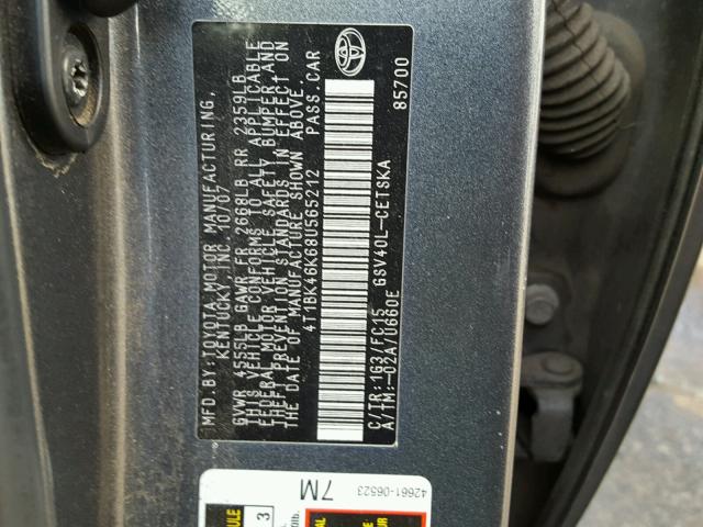 4T1BK46K68U565212 - 2008 TOYOTA CAMRY LE ნაცრისფერი ფოტო 10