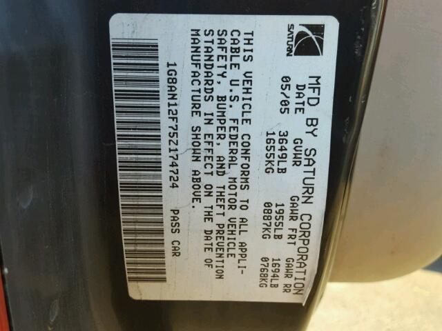 1G8AN12F75Z174724 - 2005 SATURN ION LEVEL 红色 照片 10