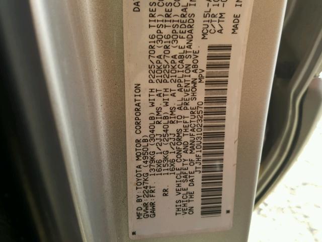 JTJHF10U310232570 - 2001 LEXUS RX 300 SILVER photo 10