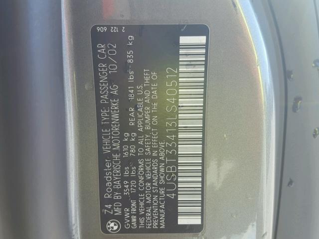 4USBT33413LS40512 - 2003 BMW Z4 2.5 GRAY photo 10