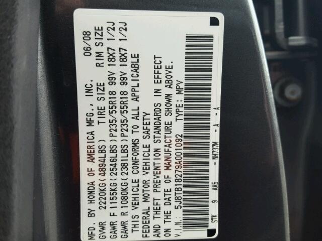 5J8TB18279A001092 - 2009 ACURA RDX GRAY photo 10