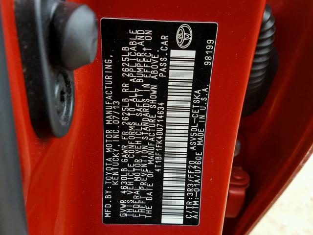 4T1BF1FK4DU714634 - 2013 TOYOTA CAMRY L RED photo 10