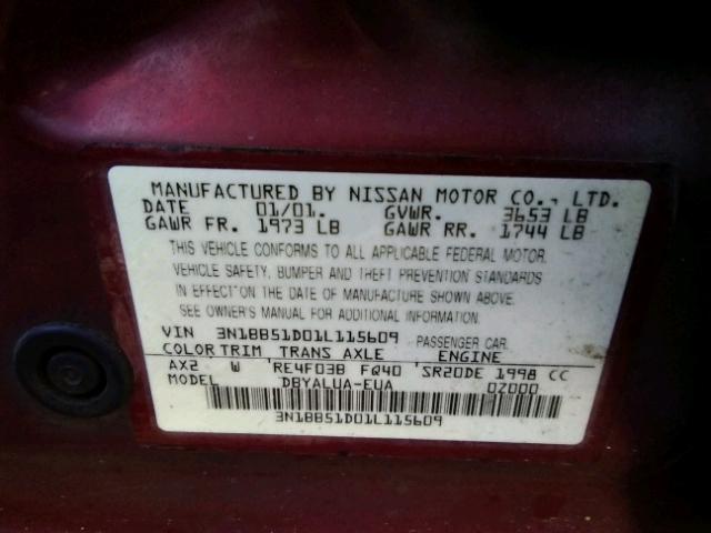 3N1BB51D01L115609 - 2001 NISSAN SENTRA SE MAROON photo 10