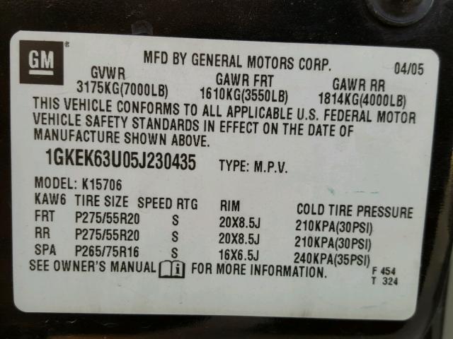 1GKEK63U05J230435 - 2005 GMC YUKON DENA BLACK photo 10