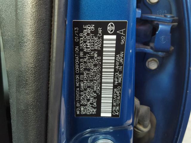 JTDKDTB39D1531218 - 2013 TOYOTA PRIUS C BLUE photo 10