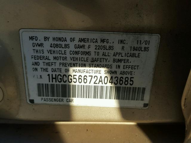 1HGCG56672A043685 - 2002 HONDA ACCORD EX GOLD photo 10