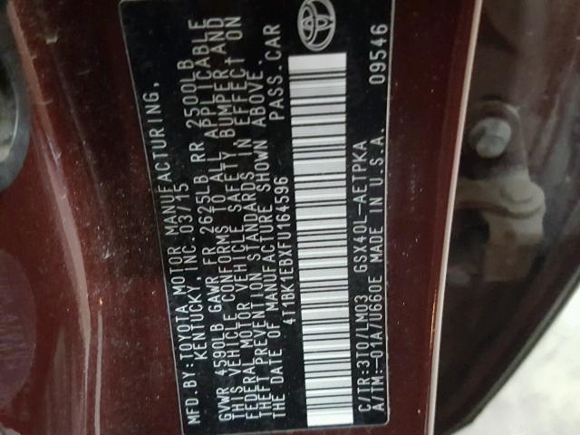 4T1BK1EBXFU164596 - 2015 TOYOTA AVALON XLE MAROON photo 10