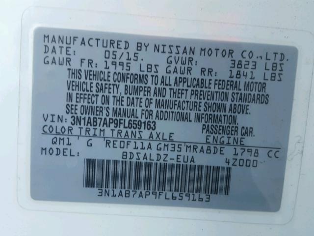 3N1AB7AP9FL659163 - 2015 NISSAN SENTRA S WHITE photo 10