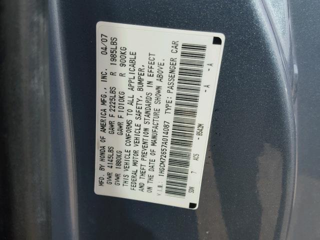 1HGCM72657A014087 - 2007 HONDA ACCORD EX BLUE photo 10