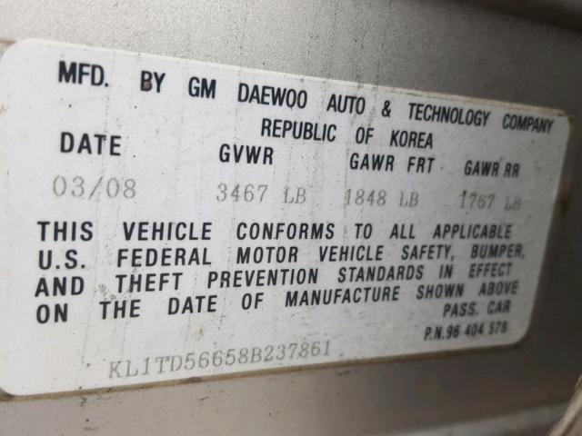 KL1TD56658B237861 - 2008 CHEVROLET AVEO BASE Srebrny zdjęcie 10