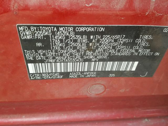 JTMBF4DV7A5030430 - 2010 TOYOTA RAV4 RED photo 10