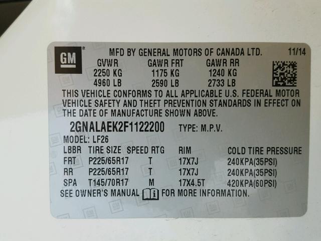 2GNALAEK2F1122200 - 2015 CHEVROLET EQUINOX LS WHITE photo 10