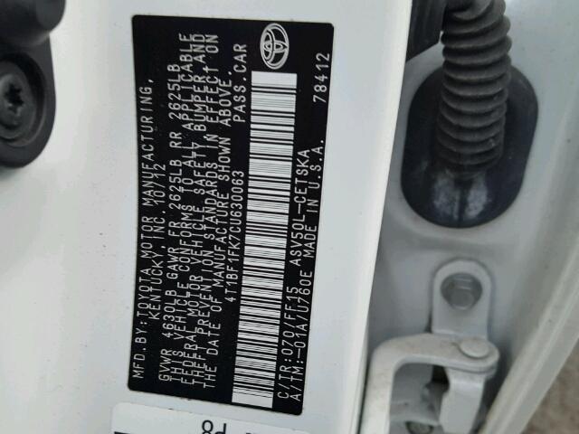 4T1BF1FK7CU630063 - 2012 TOYOTA CAMRY BASE WHITE photo 10