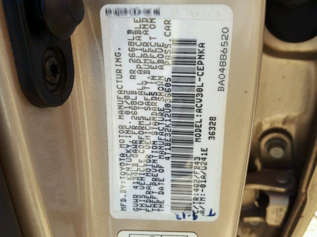 4T1BE32K12U036605 - 2002 TOYOTA CAMRY LE GOLD photo 10