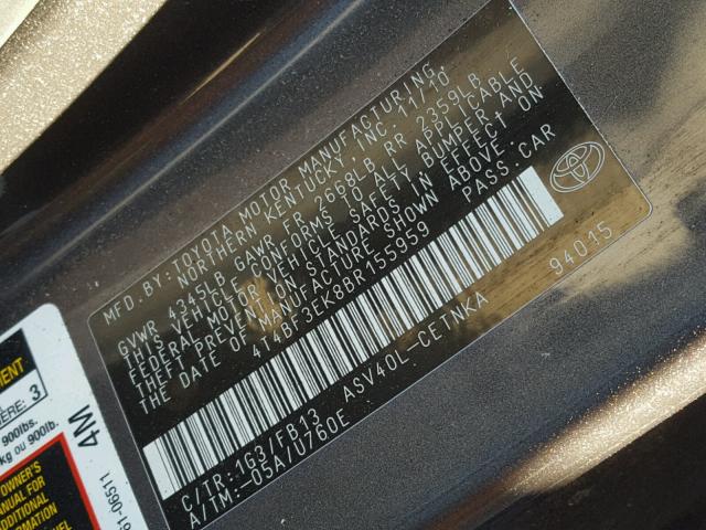 4T4BF3EK8BR155959 - 2011 TOYOTA CAMRY BASE CHARCOAL photo 10