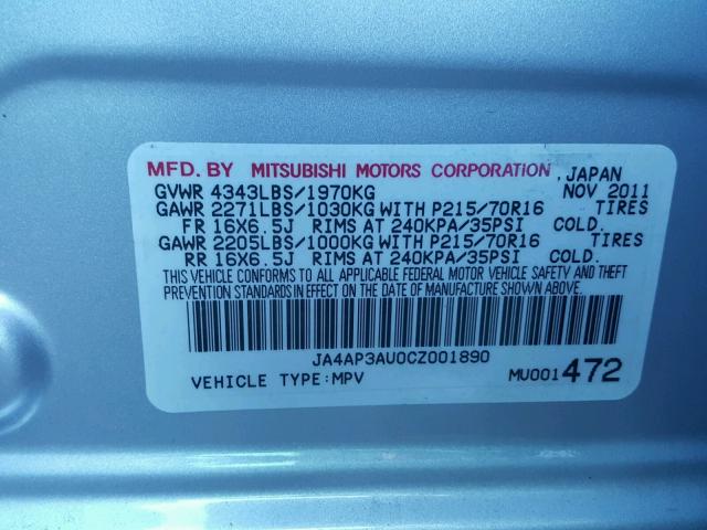 JA4AP3AU0CZ001890 - 2012 MITSUBISHI OUTLANDER SILVER photo 10