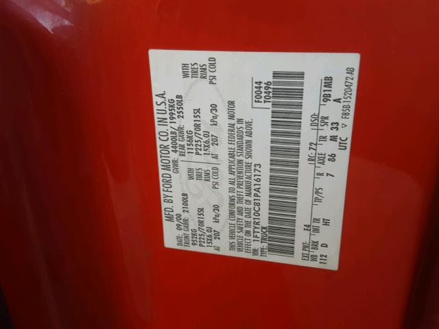 1FTYR10C81PA16173 - 2001 FORD RANGER RED photo 10