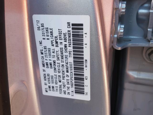 1HGCP2F63CA189937 - 2012 HONDA ACCORD SE GRAY photo 10