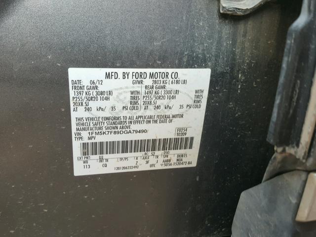 1FM5K7F89DGA79490 - 2013 FORD EXPLORER L SILVER photo 10