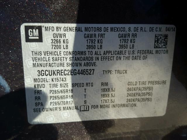 3GCUKREC2EG446527 - 2014 CHEVROLET SILVERADO GRAY photo 10