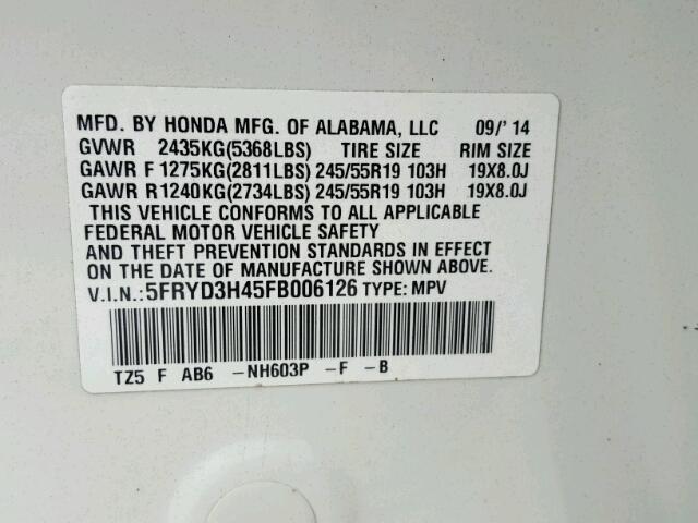 5FRYD3H45FB006126 - 2015 ACURA MDX TECHNO WHITE photo 10