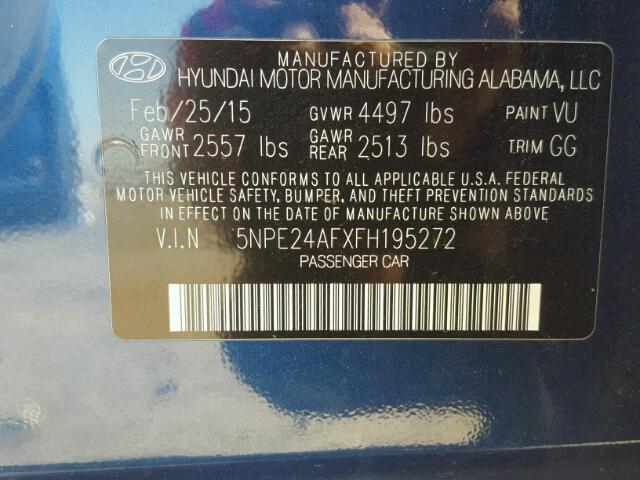 5NPE24AFXFH195272 - 2015 HYUNDAI SONATA SE BLUE photo 10