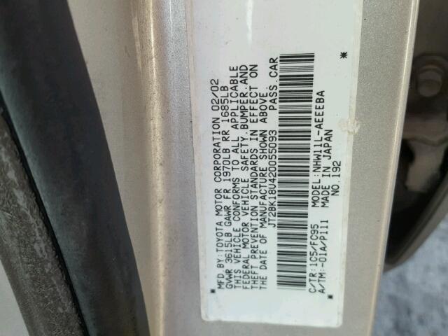 JT2BK18U420055093 - 2002 TOYOTA PRIUS SILVER photo 10