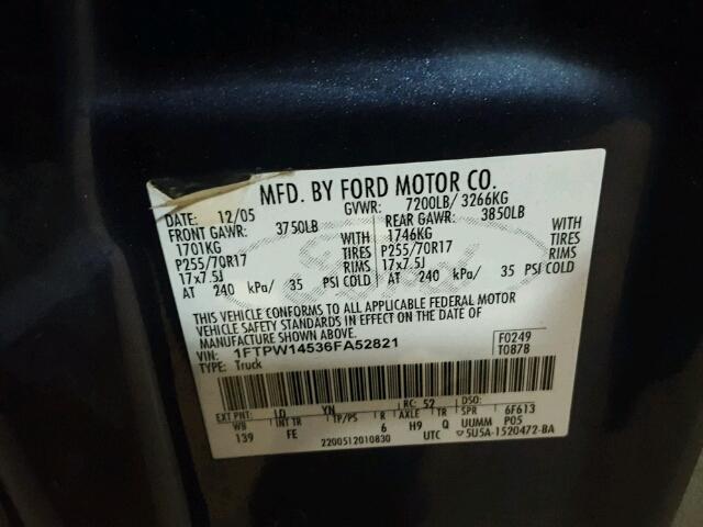 1FTPW14536FA52821 - 2006 FORD F150 SUPER BLUE photo 10