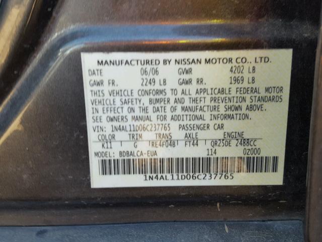 1N4AL11D06C237765 - 2006 NISSAN ALTIMA S GRAY photo 10