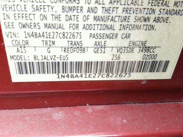 1N4BA41E27C822675 - 2007 NISSAN MAXIMA SE RED photo 10