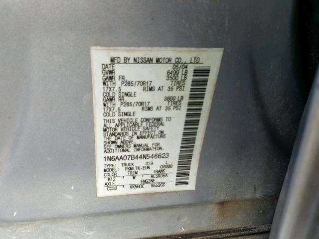 1N6AA07B44N546623 - 2004 NISSAN TITAN XE SILVER photo 10