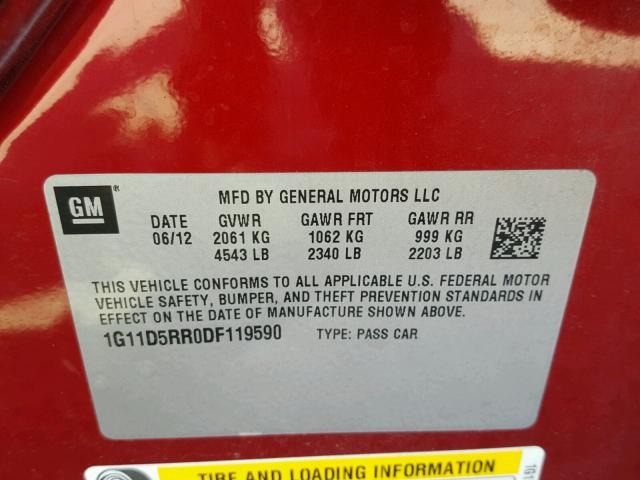 1G11D5RR0DF119590 - 2013 CHEVROLET MALIBU 1LT RED photo 10