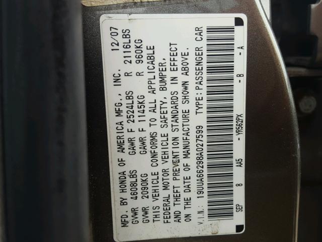 19UUA66298A027599 - 2008 ACURA TL GRAY photo 10