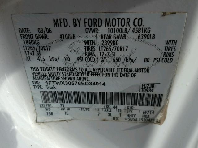 1FTWX30576ED34914 - 2006 FORD F350 SRW S WHITE photo 10